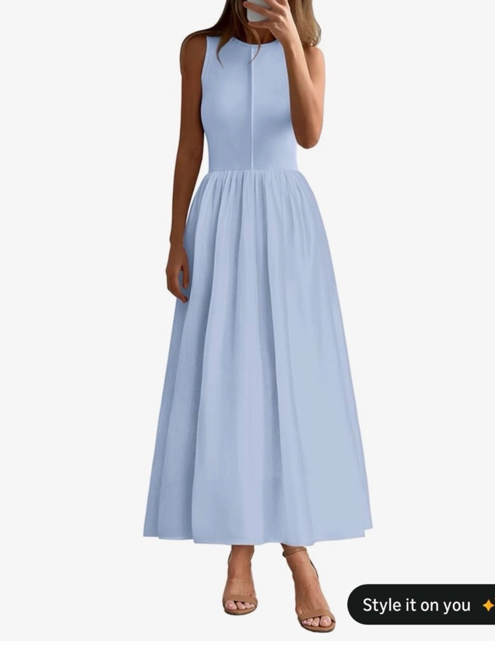 Sleeveless Light Blue Midi Dress with Gathered Skirt